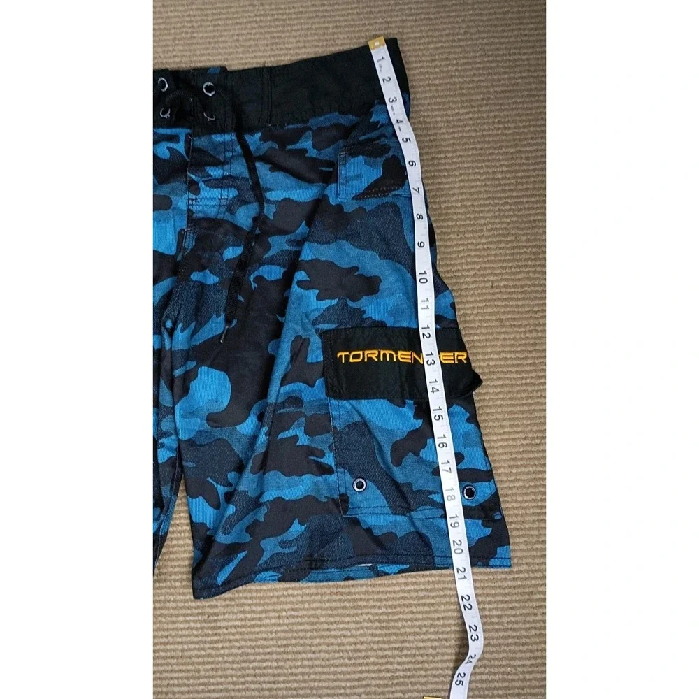 TORMENTER Mens Size 32 Blue Black Camo Embroidered Fishbone Board Shorts Beach